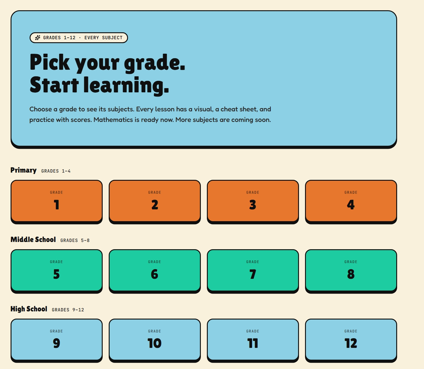 The Learn page, where you pick your grade