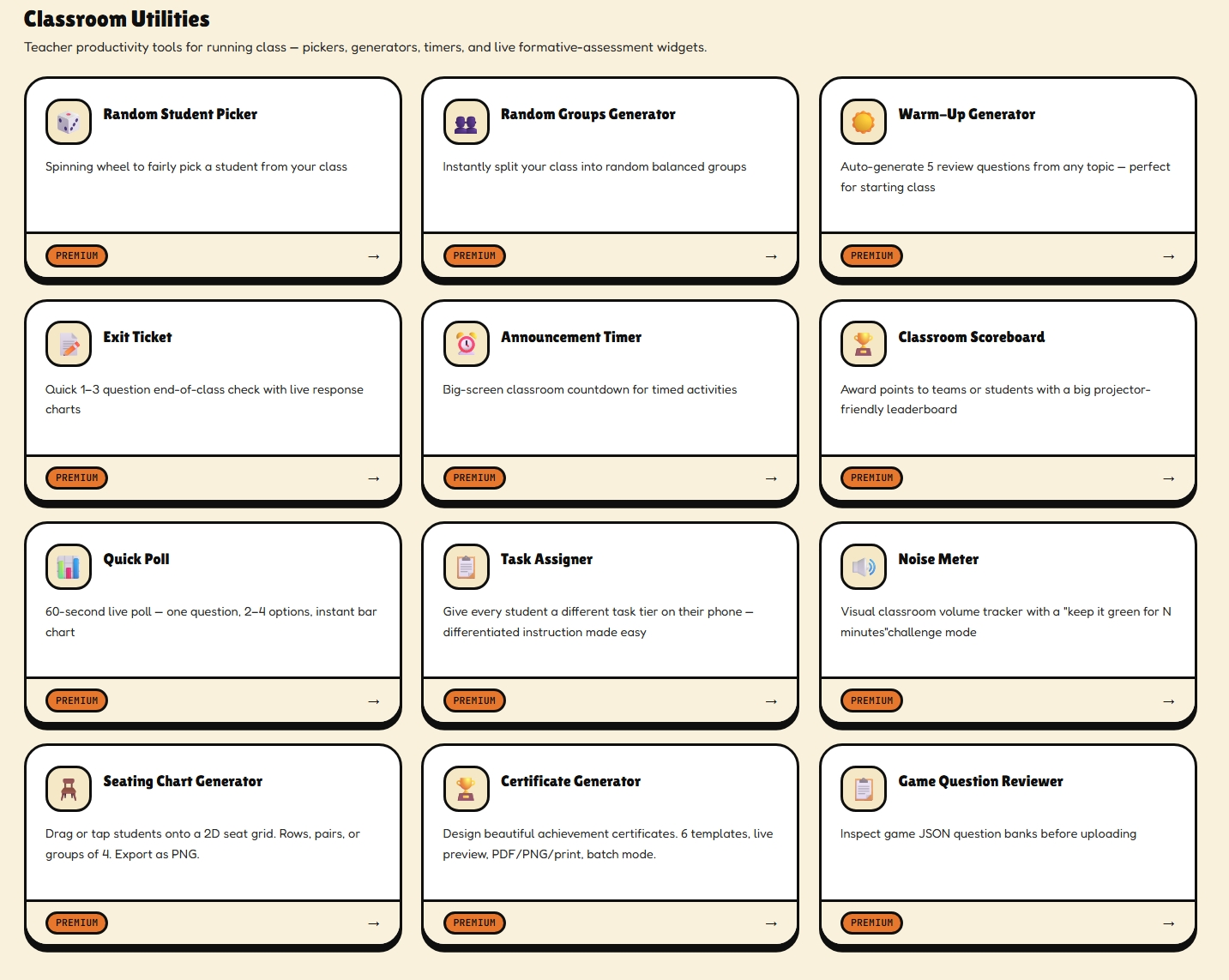 The Classroom tools page